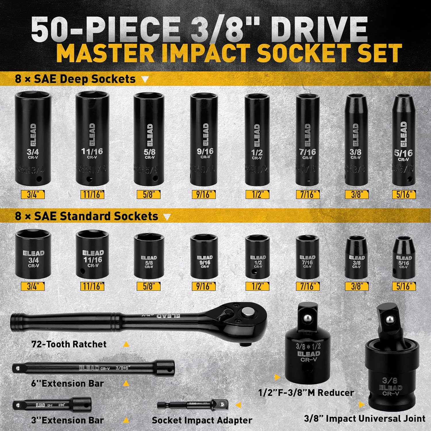 3/8'' Drive Impact Socket Set - 50-Piece Shallow & Deep Socket Set Metric and Standard Full with Universal Joint, Extension Bar, 1/2 to 3/8 Reducer, Hex Shank Socket Adapter, Ratchet Handle