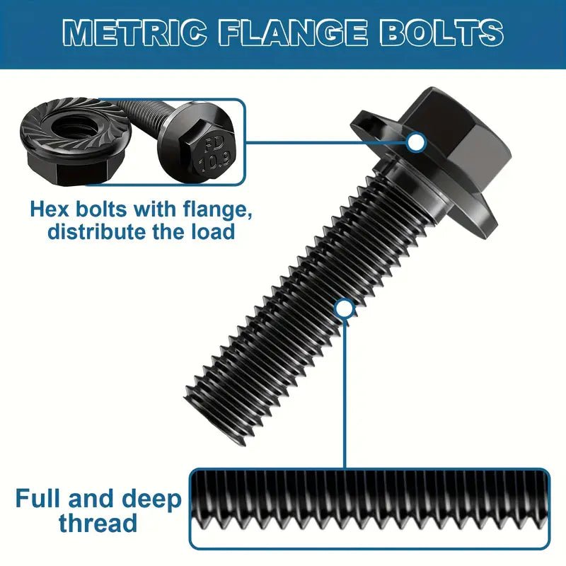 260 Piece High Strength Black Carbon Steel Flanged Hex Head Screw & Bolt Assortment Kit, M6-M8 - South East Clearance Centre