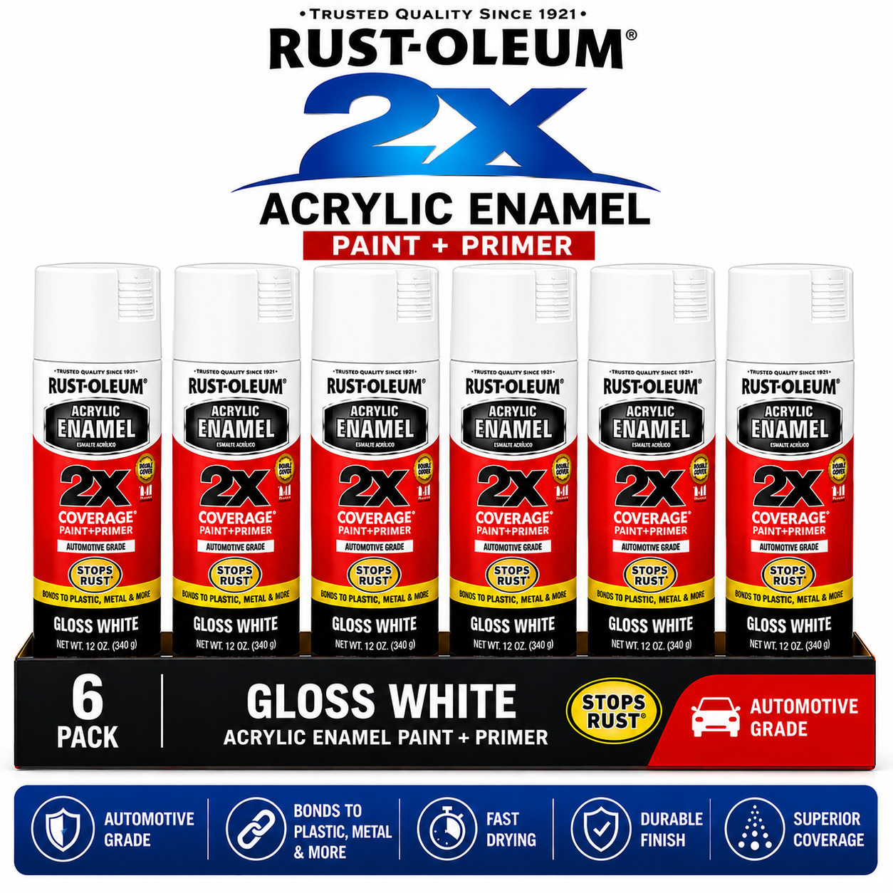 Rust-Oleum 2X Automotive Acrylic Enamel Paint + Primer – 340g (6 Pack)