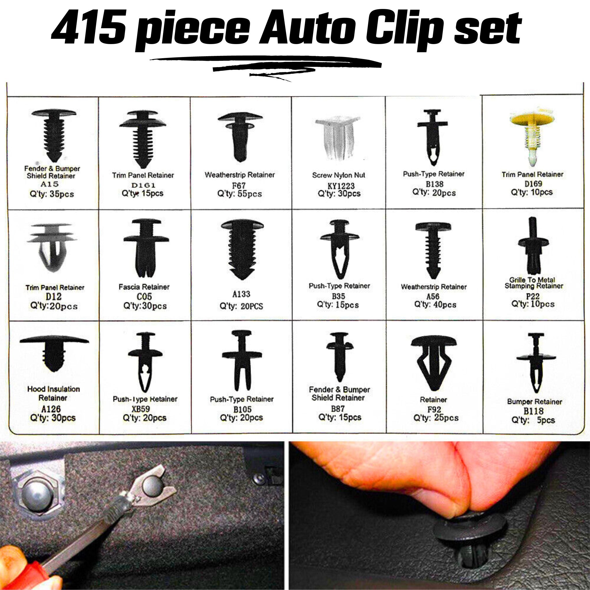 415 Piece Auto Car Trim Plastic Clips Bumper Rivets Screws Panel Push Fastener Kit - South East Clearance Centre