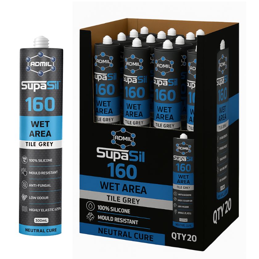 Admil SUPASIL 160, Wet Area Neutral Cure 100% Silicone 300g - Box of 20 (Tile Grey) - South East Clearance Centre