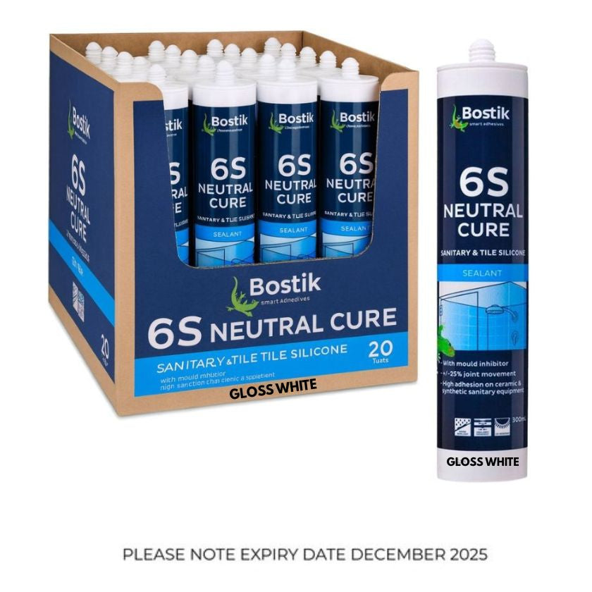 Bostik 300ml 6S Neutral Cure Sanitary & Tile Silicone Sealant -Gloss White (Box of 20) - South East Clearance Centre