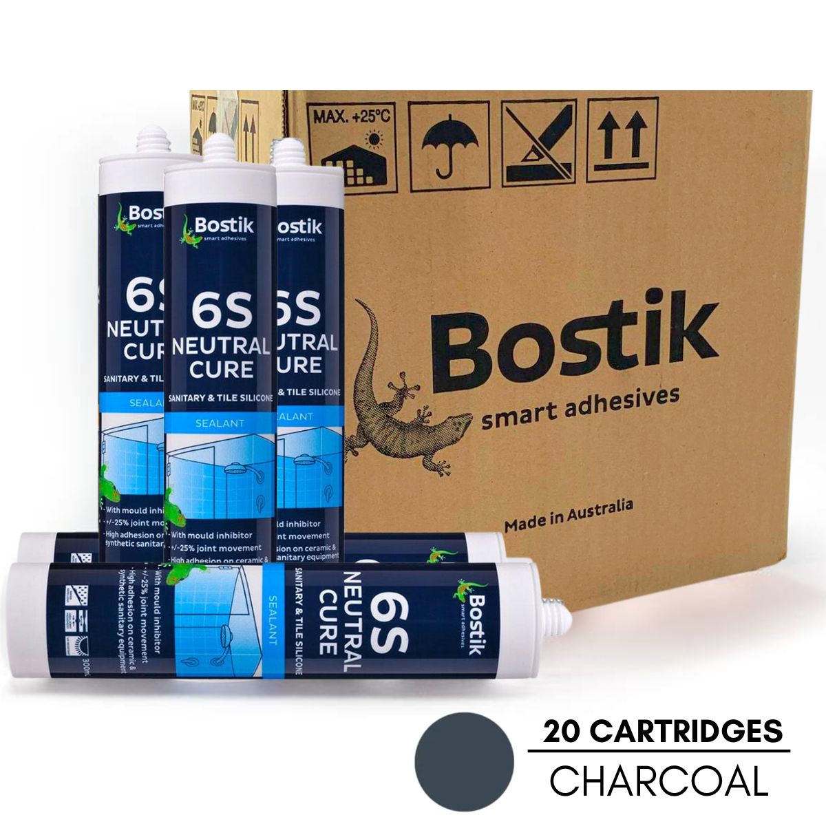 Bostik 30608431 300ml 6S Neutral Cure Sanitary & Tile Silicone Sealant, 20 Cartridges - Charcoal - South East Clearance Centre