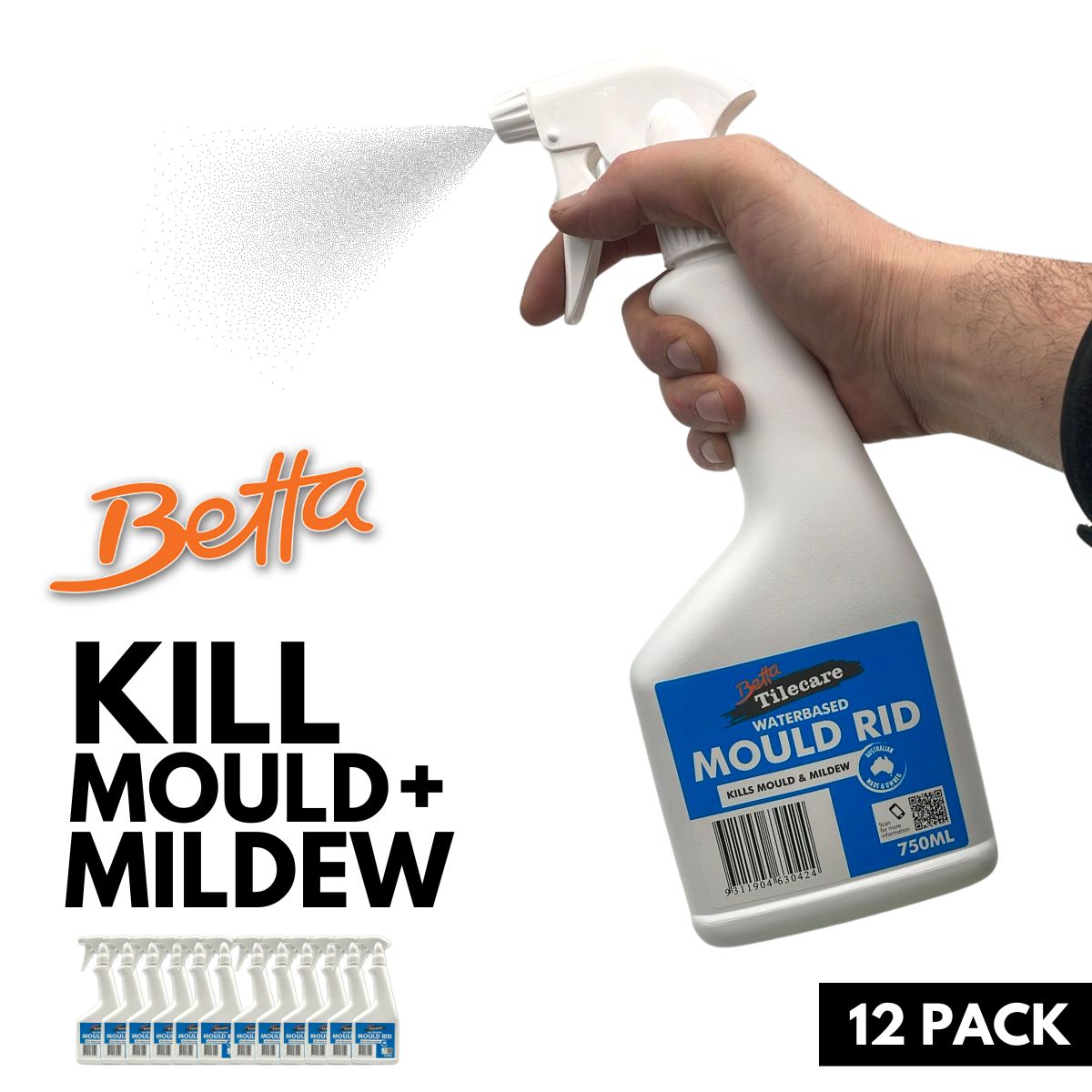 Betta Tilecare Water Based Mould & Mildew Killer, 750ml / 9 Litres total (Box of 12)