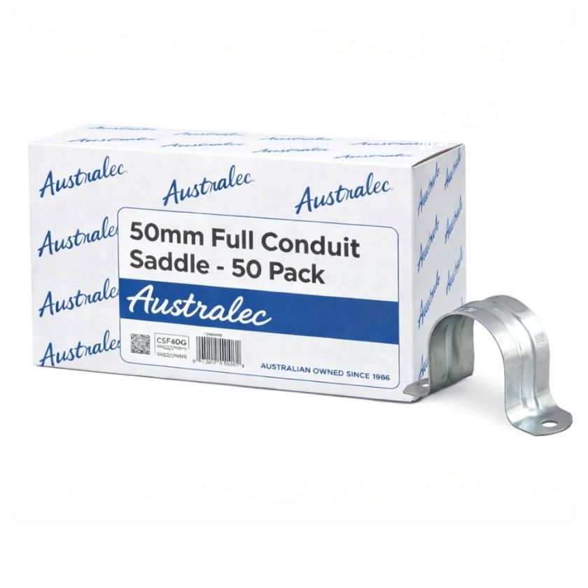 Australec galvanised 50mm full conduit saddle carton of 50 - South East Clearance Centre