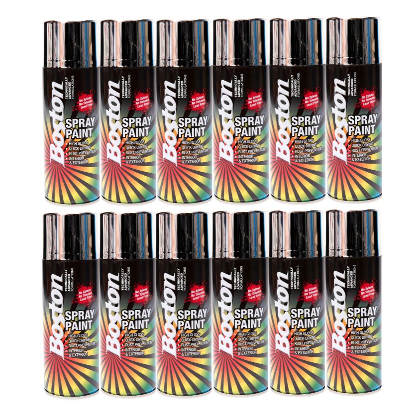 Boston BT50 Spray Paint Enamel 250g cans - BRIGHT CHROME (Box of 12) - South East Clearance Centre