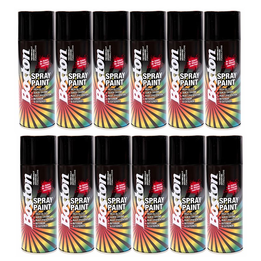 12x Boston Satin Black Spray Paint Can 250g - South East Clearance Centre