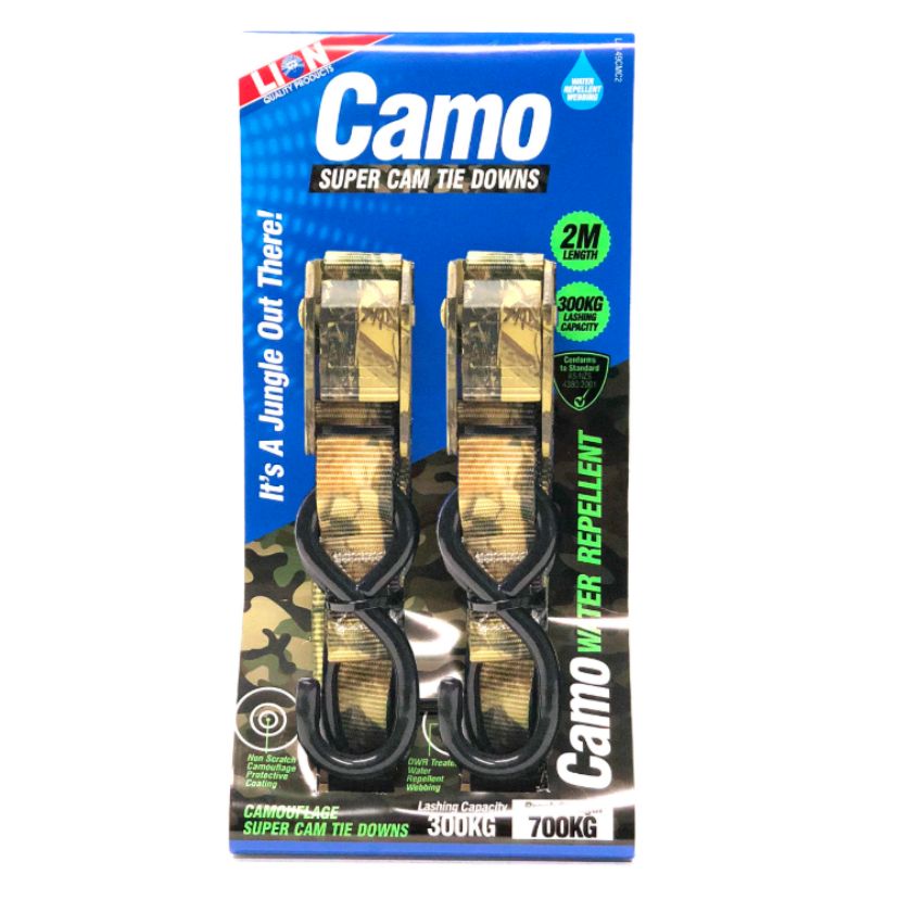 (Twin Pack) 2 Metre Lion Pull Down Tie Down – Camo – 300 kg Lashing Capacity | 600kg Breaking Strength - South East Clearance Centre