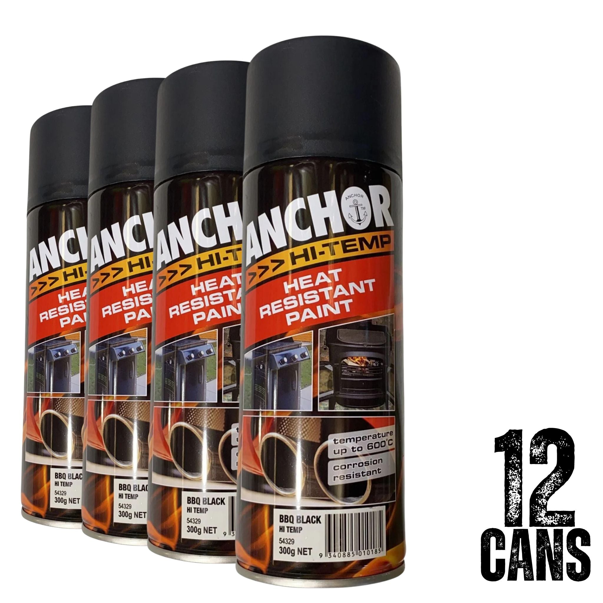 12 Cans | ANCHOR HI TEMP HEAT RESISTANT PAINT 54329 | Up to 600° | 300g - MATTE BBQ BLACK - South East Clearance Centre