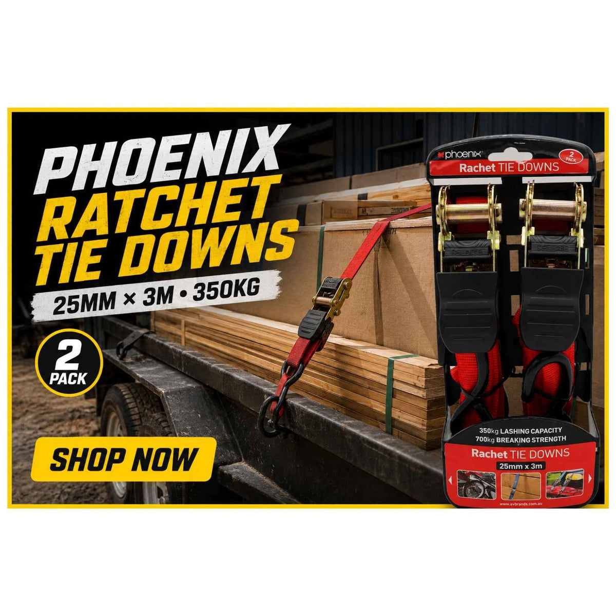 Phoenix Ratchet Tie Down Straps 25mm x 3m – 350kg Lashing Capacity – 2 Pack | 14001