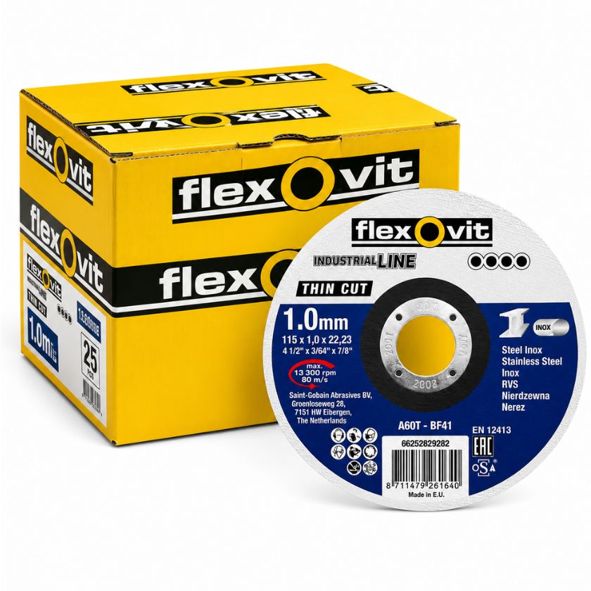 (25 Pack) - Flexovit Industrial Line Thin Cut Cutting Disc 115mm x 1.0mm x 22.23mm Stainless Steel / Inox