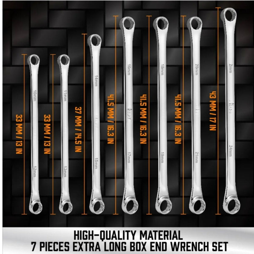 7 Piece Extra Long Double Box End Wrench Set | Metric | 10-24mm - South East Clearance Centre