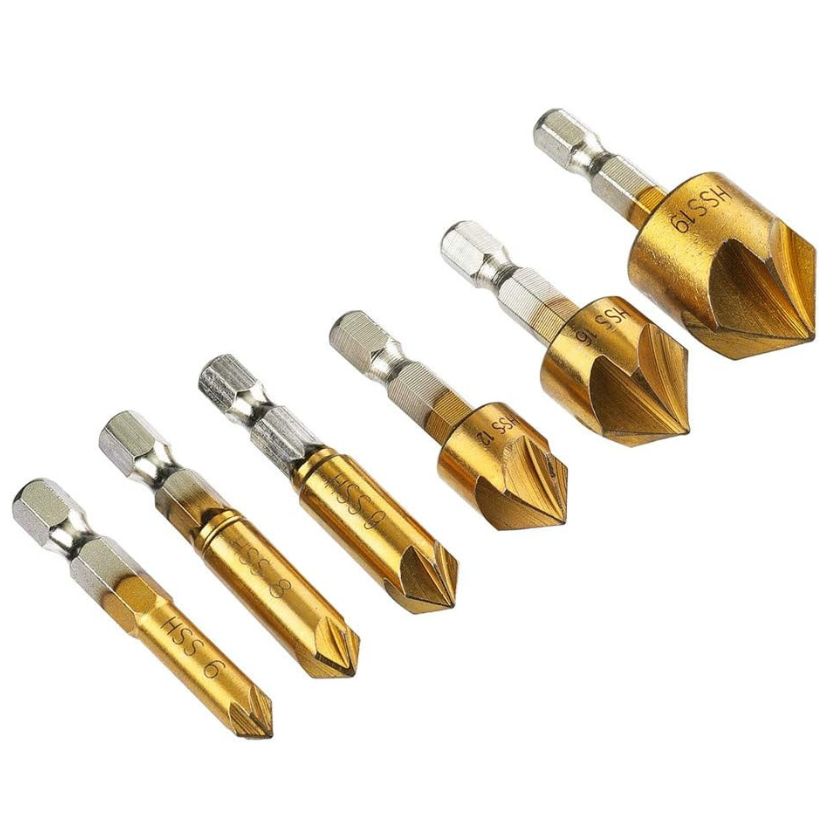 6pcs 6mm-19mm 5 Groove Countersink Bit Set 90 Counter Sink Chamfer Cutter 1/4" Hex Shank
