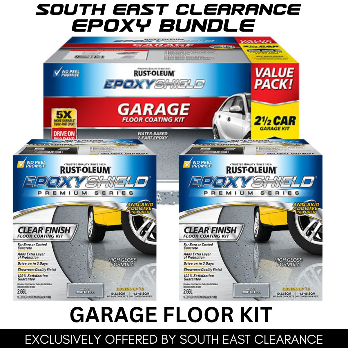 Rust-Oleum Grey Gloss EpoxyShield 2.5 Car Concrete And Garage Floor Coating Kit Anti Slip & Brush Bundle + Twin Pack EPOXYSHIELD® Premium Clear Coating - South East Clearance Centre
