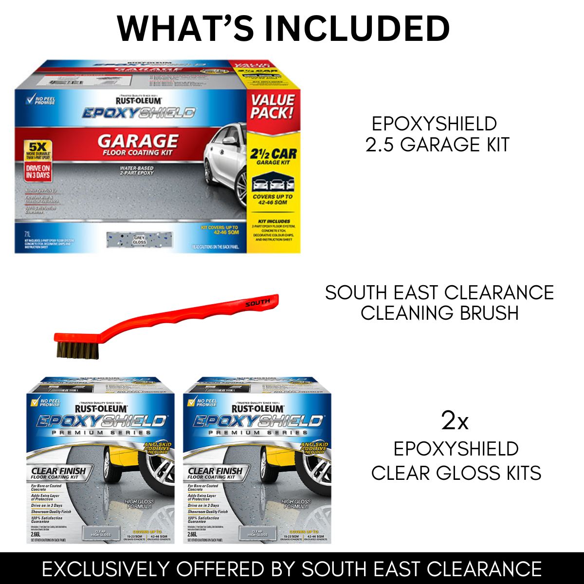 Rust-Oleum Grey Gloss EpoxyShield 2.5 Car Concrete And Garage Floor Coating Kit Anti Slip & Brush Bundle + Twin Pack EPOXYSHIELD® Premium Clear Coating - South East Clearance Centre