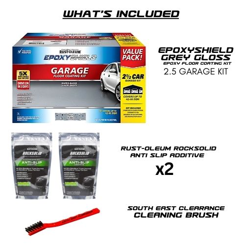 Rust-Oleum Grey Gloss EpoxyShield 2.5 Car Concrete And Garage Floor Coating Kit Anti Slip & Brush Bundle - South East Clearance Centre