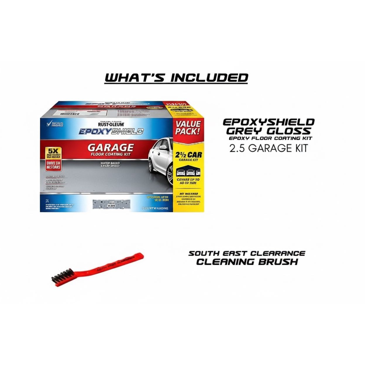 Rust-Oleum Grey Gloss EpoxyShield 2.5 Car Concrete And Garage Floor Coating Kit Anti Slip & Brush Bundle - South East Clearance Centre