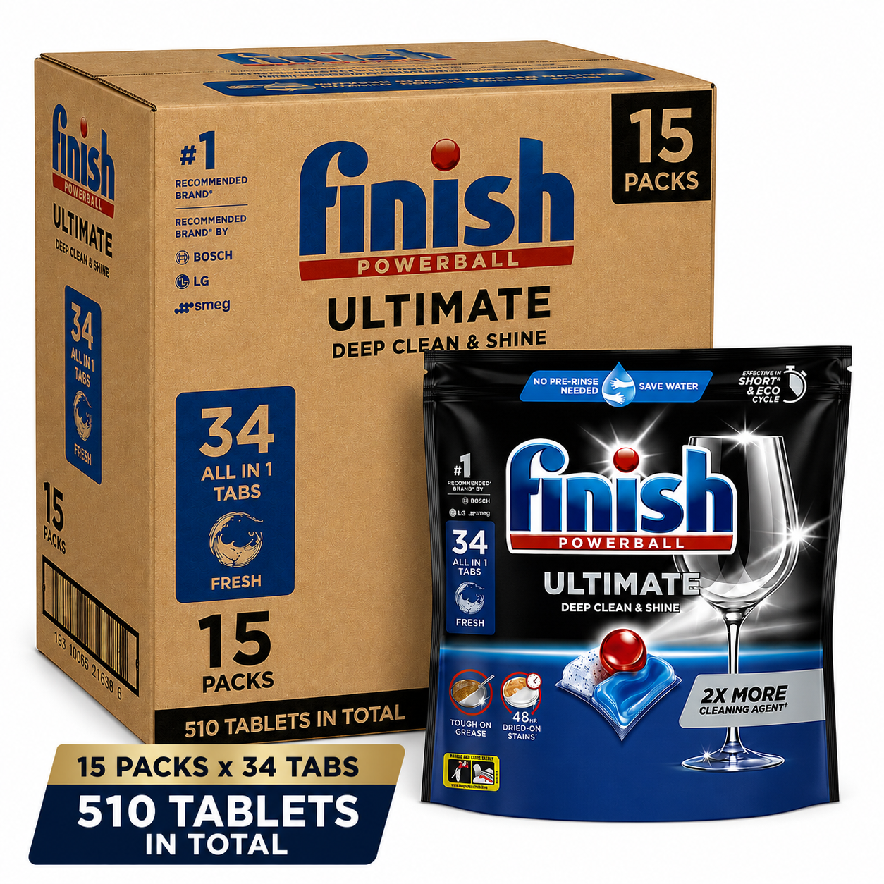 (510 Tablets) - Finish Powerball Ultimate Dishwasher Tablets Fresh (34 Pack – Carton of 15)