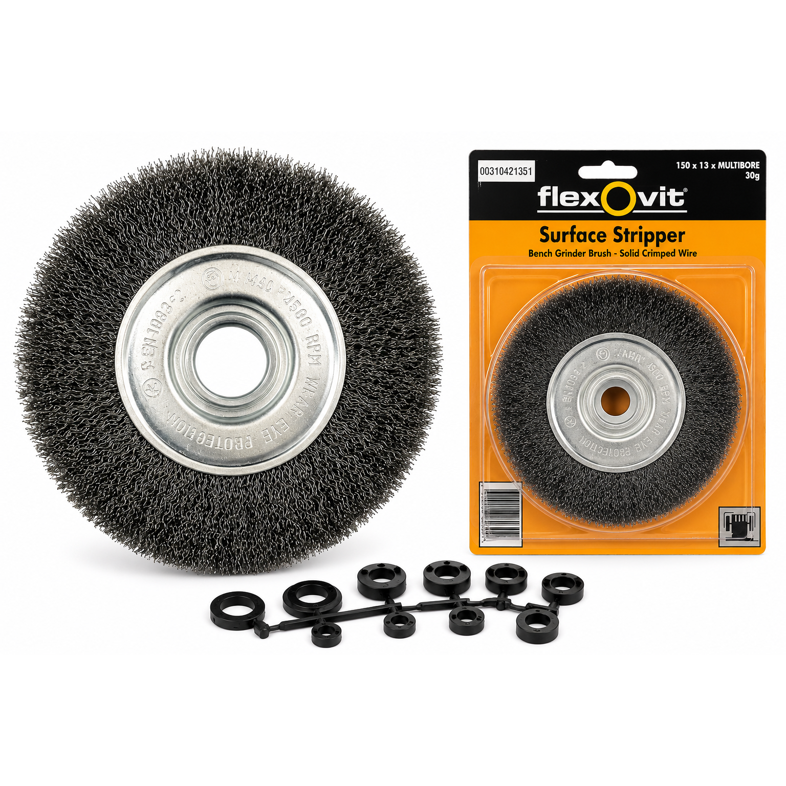 Flexovit Surface Stripper Bench Grinder Brush 150 x 13mm Multi-Bore Solid Crimped Wire