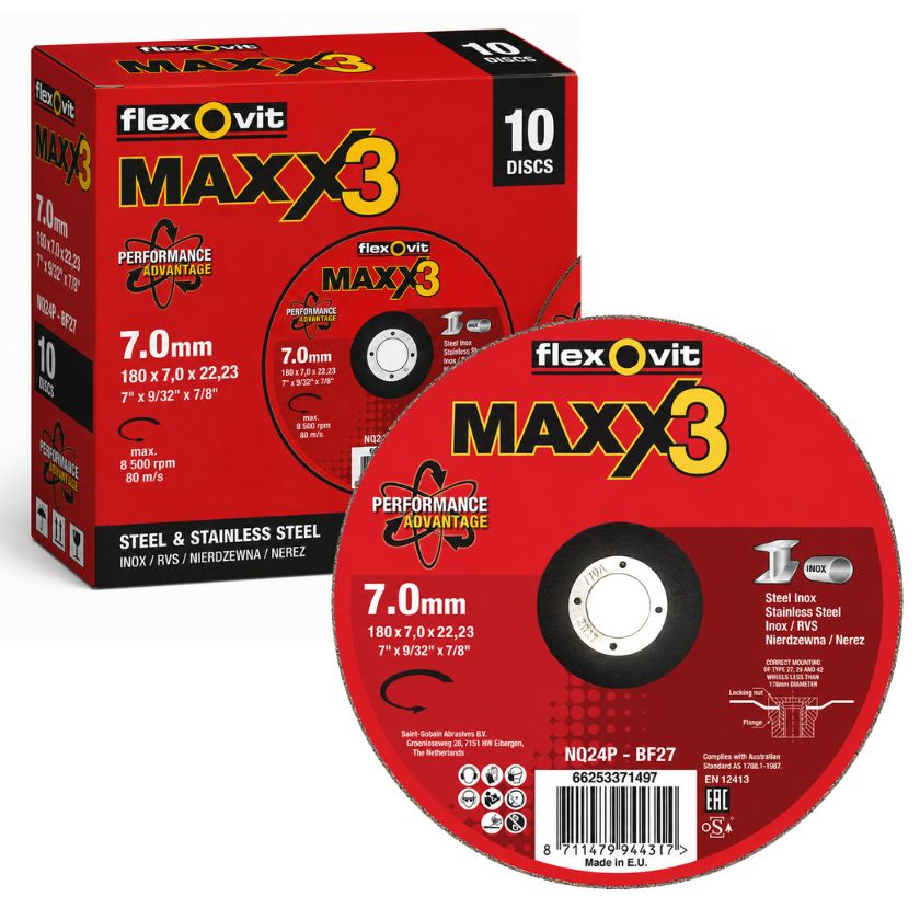 Flexovit MAXX3 180mm (7") Ceramic Grinding Wheel – Type 27 – Steel & Stainless Inox – Pack of 10