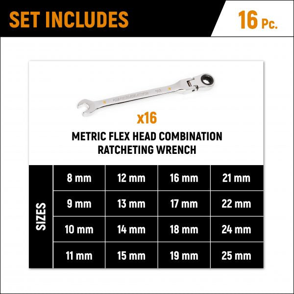 GEARWRENCH 86728STH 16pce 90-Tooth 12 Point Flex Head Ratcheting Combination Metric Wrench Set with allen key - South East Clearance Centre