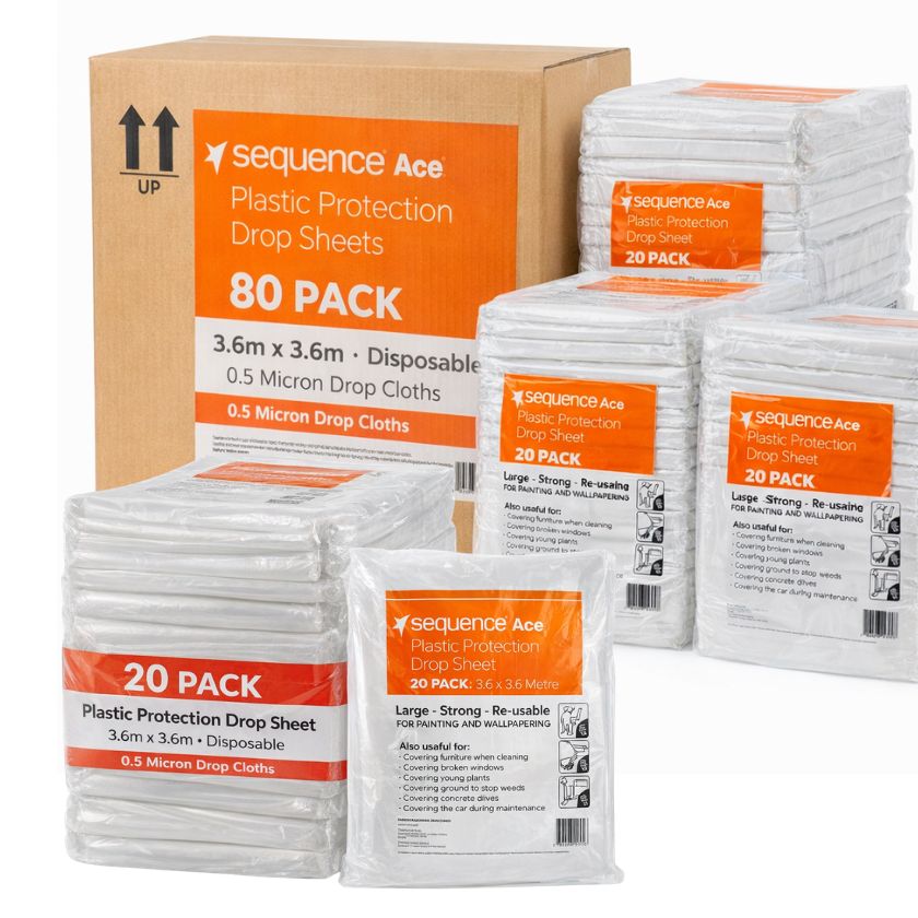 (20 Pack) Plastic Protection Drop Sheet 3.6m x 3.6m – 0.5 Micron Disposable Painting Drop Cloth - South East Clearance Centre