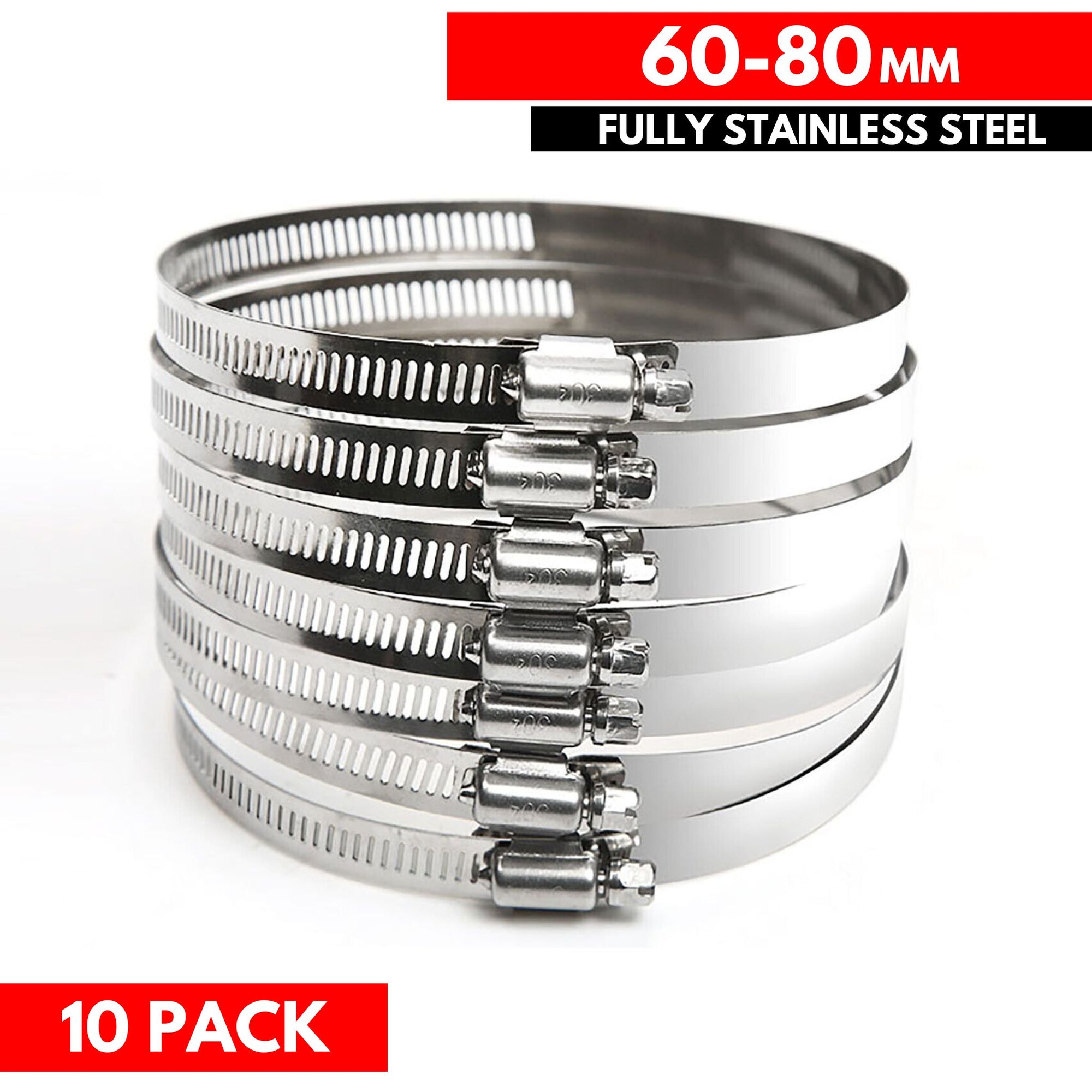 60-80mm - German Type 304 Hose Clamp - Fully Stainless Steel (10 Pieces) - South East Clearance Centre