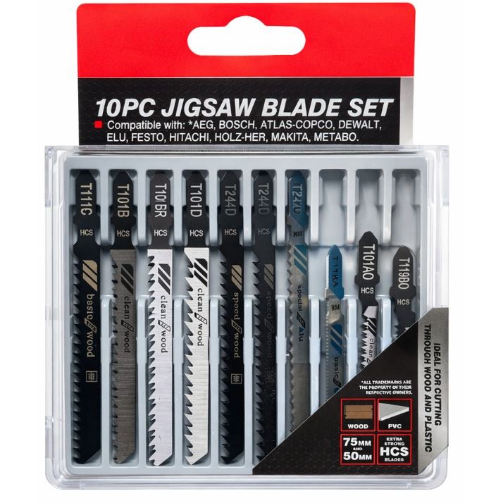 10-Piece T-Shank Jigsaw Blade Set – Wood & Plastic Cutting (HCS)