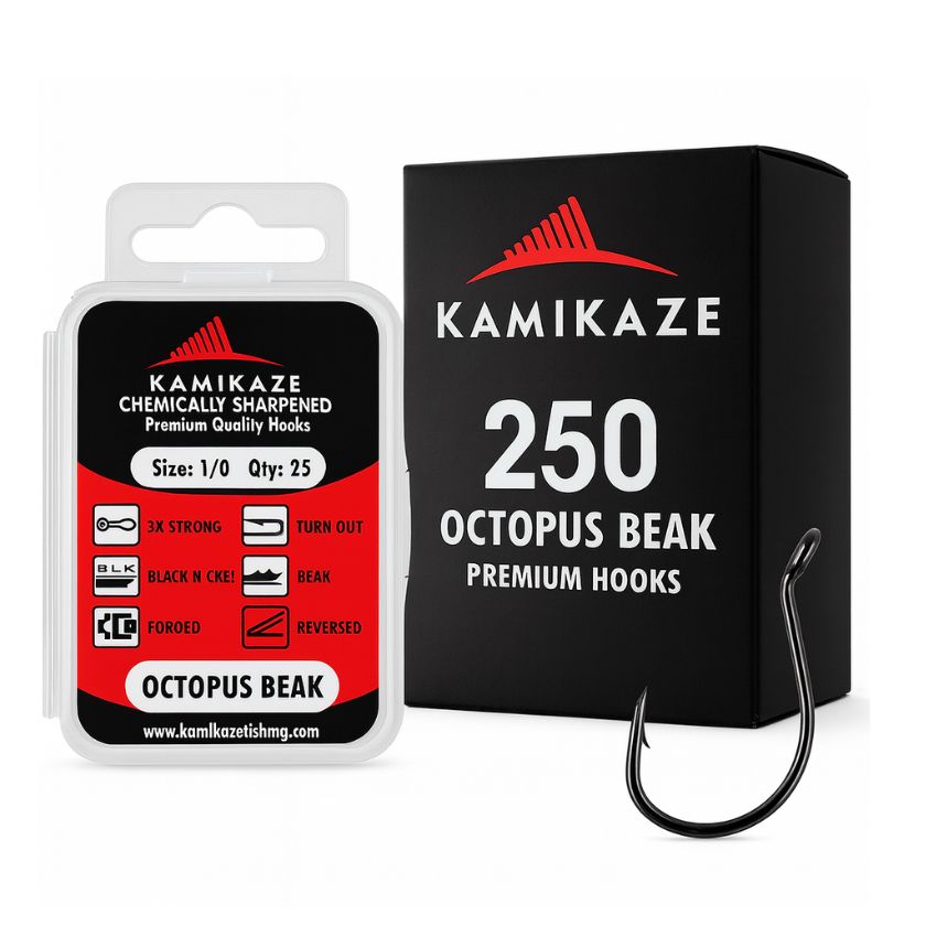 Kamikaze Octopus Beak Fishing Hooks – Size 1/0 | 250 Bulk Pack | Chemically Sharpened Premium Hooks
