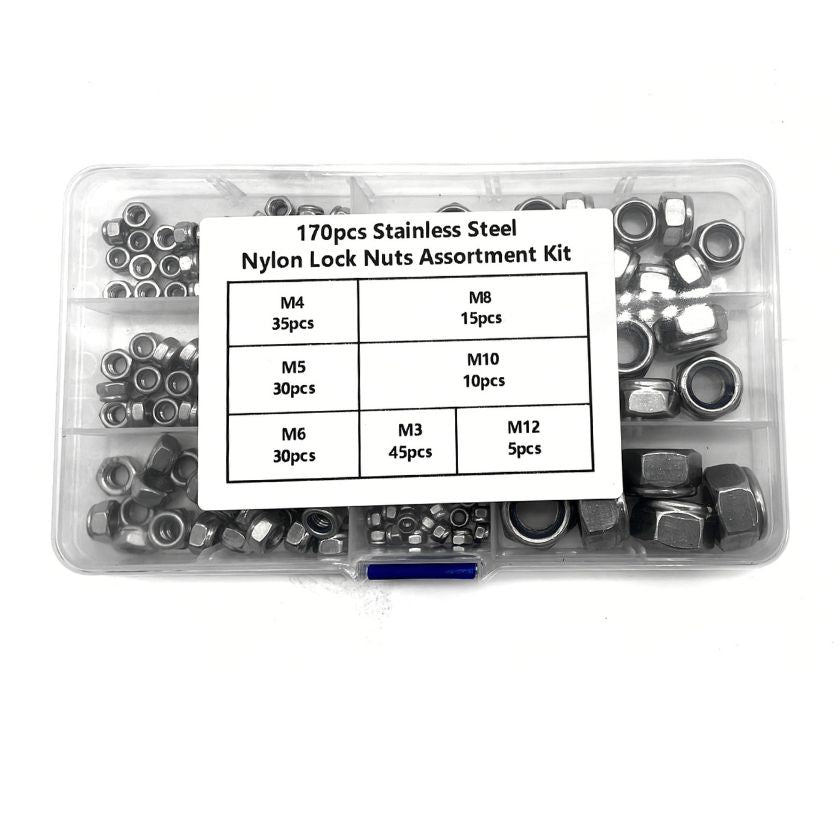170 piece Hexagon Lock Nuts Nylon Insert Stainless Steel Stop Nut Assortment Kit - metric - South East Clearance Centre