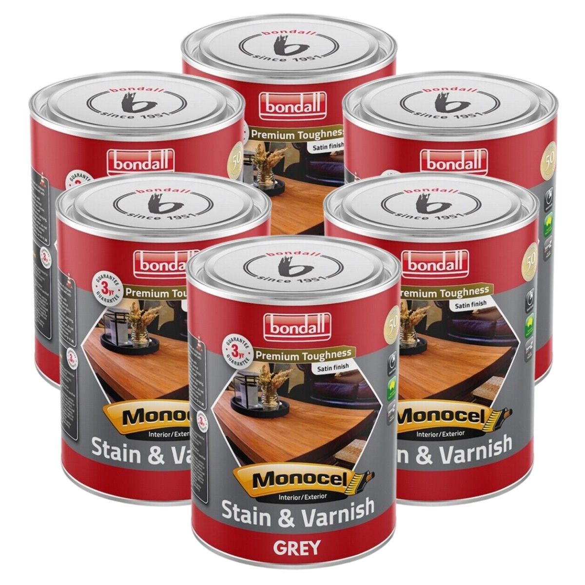 Bondall Monocel Stain & Varnish | Interior & Exterior | 1 litre Grey - 6 Tins - South East Clearance Centre