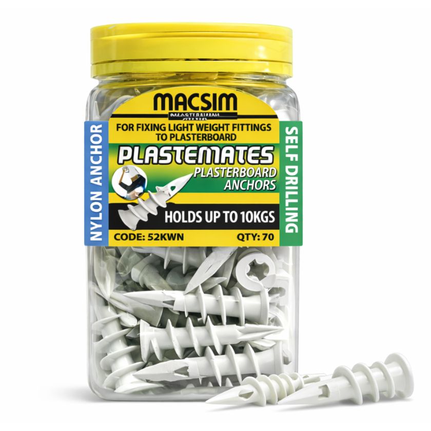 Macsim Plasterboard Anchors PlasteMates Self-Drilling Nylon Wall Anchors – 70 Pack (Holds up to 10kg) - South East Clearance Centre