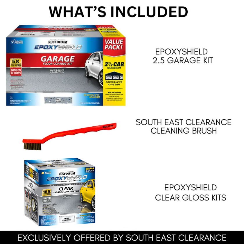 Rust-Oleum Grey Gloss EpoxyShield 2.5 Car Concrete And Garage Floor Coating Kit Anti Slip & Brush Bundle + EPOXYSHIELD® Premium Clear Coating