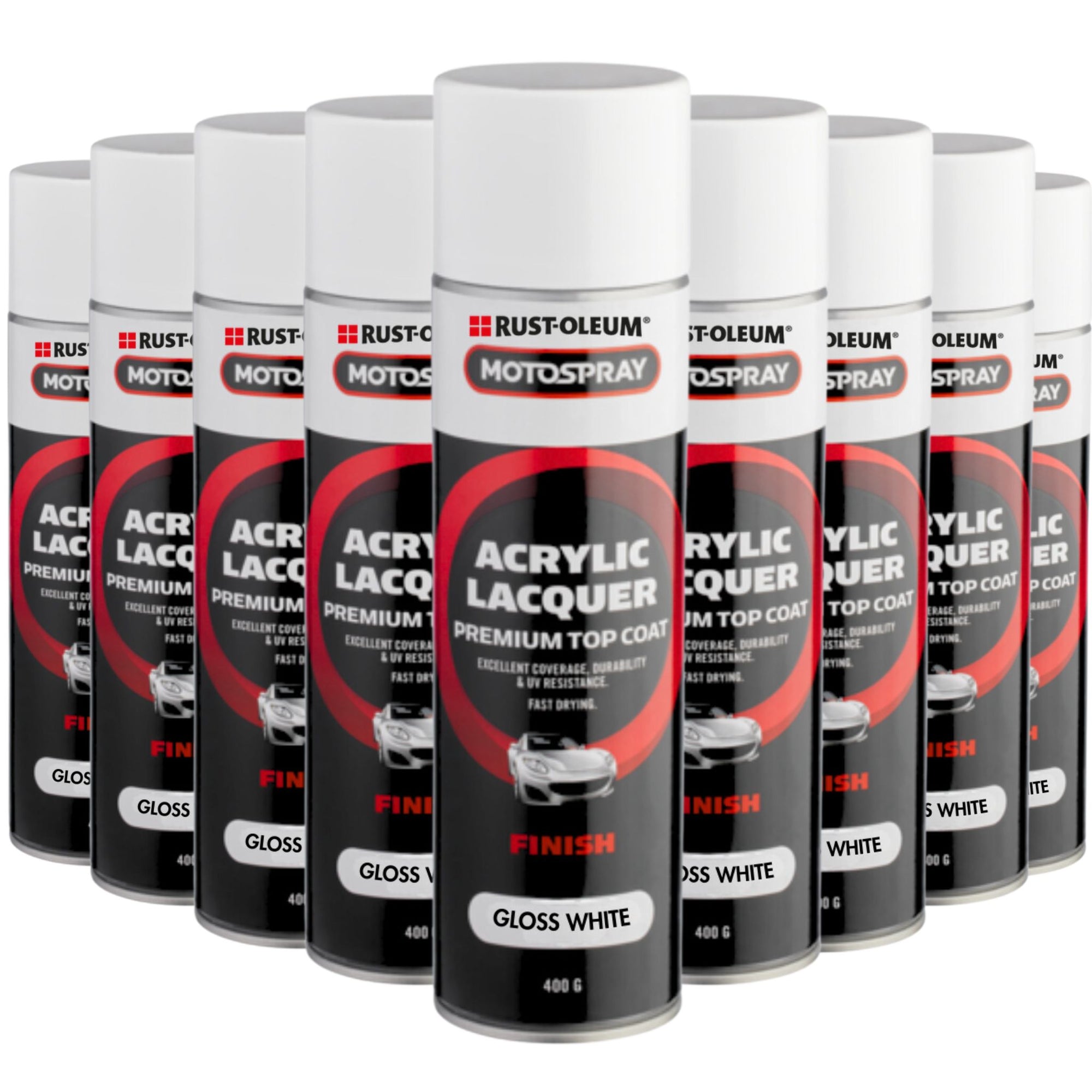 Rust-Oleum Motospray Premium Acrylic Lacquer Top Coat 400g | GLOSS WHITE (12 CANS) - South East Clearance Centre