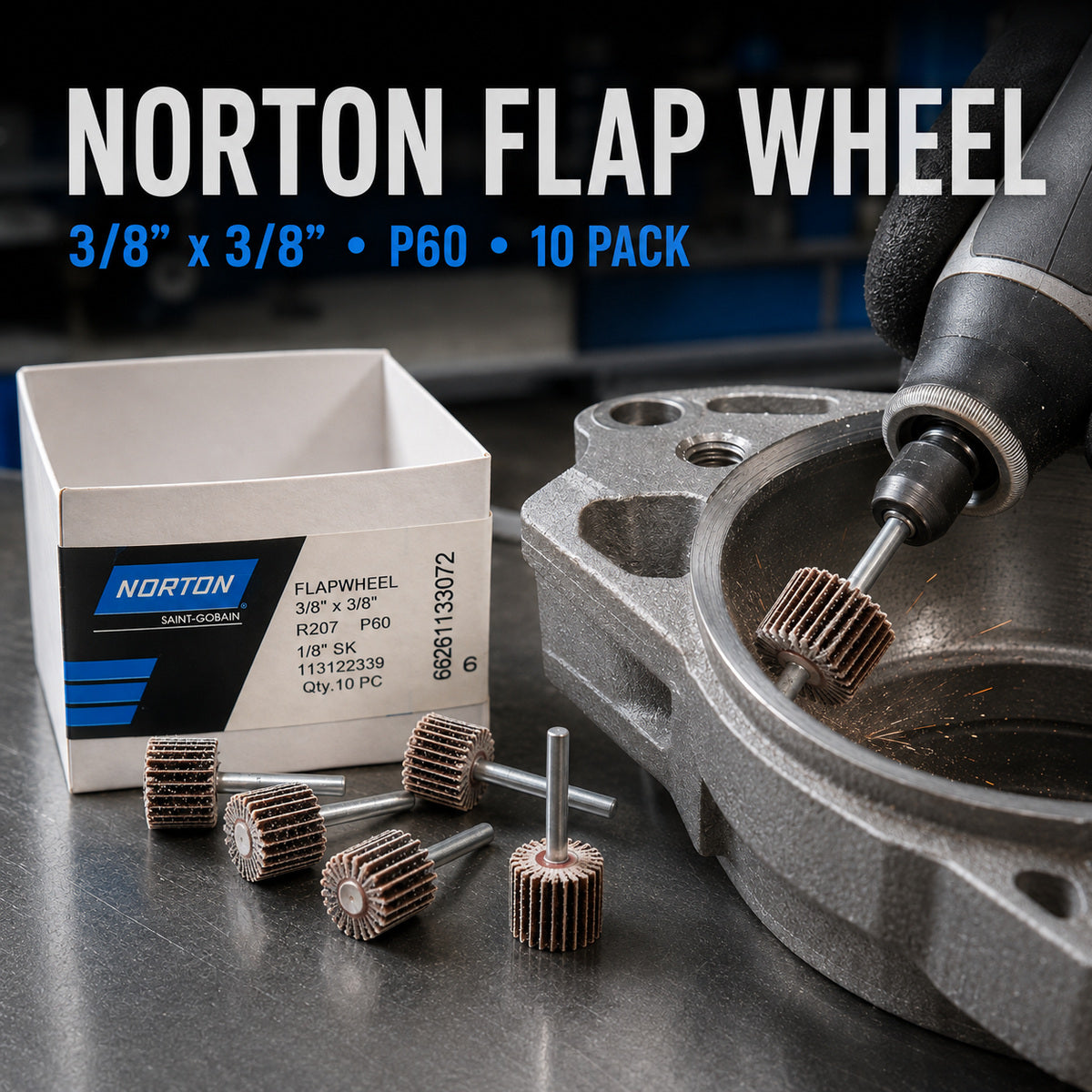Norton R207 P60 Mounted Flap Wheel 3/8" x 3/8" – 1/8" Shank – (Pack of 10)