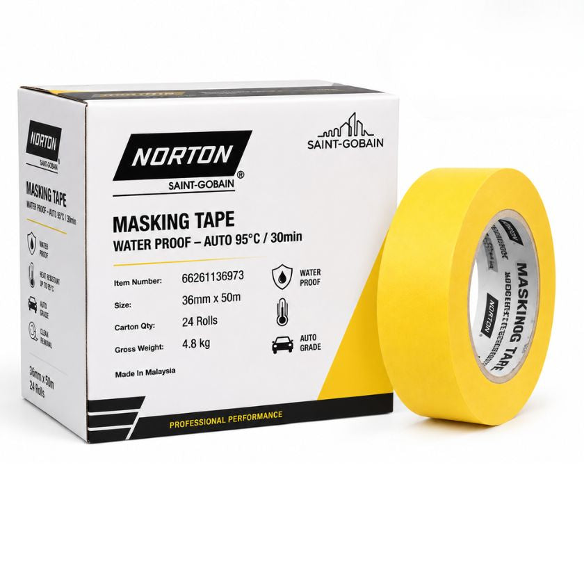 Norton Hi-Temp Yellow Masking & Painters Tape 36mm x 50m | Box of 24 Rolls