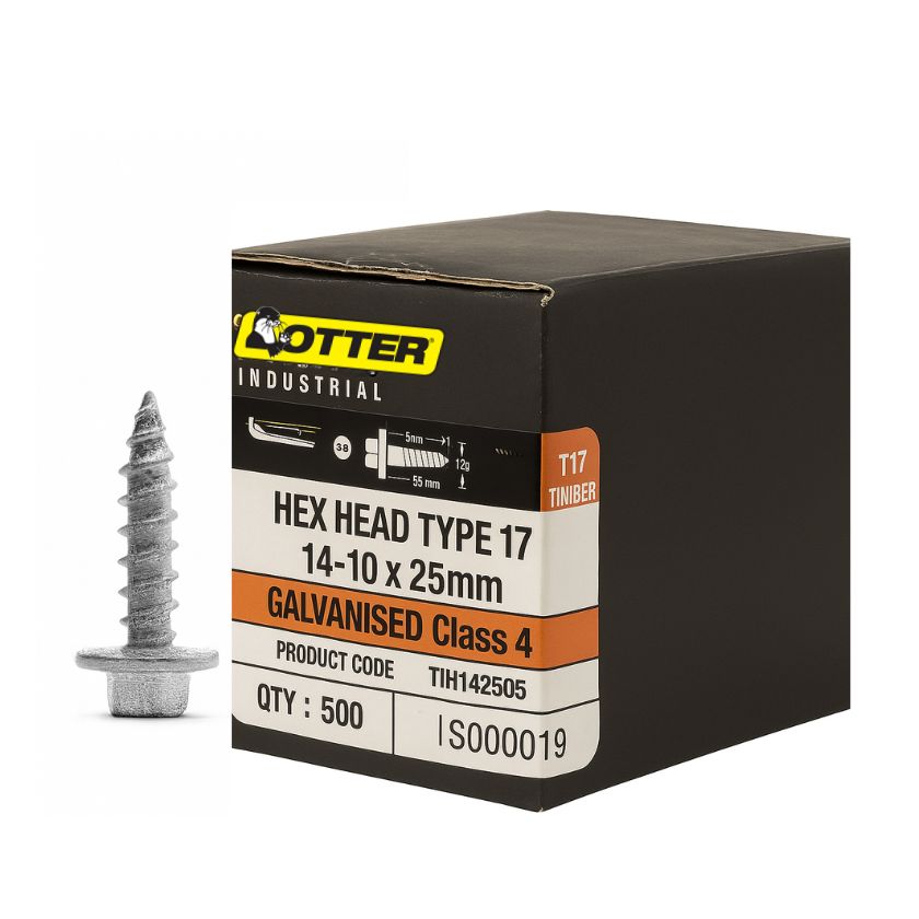 Otter 14-10 x 25mm Hex Head Type 17 Timber Screws – Galvanised Class 4 (500 Pack) - South East Clearance Centre