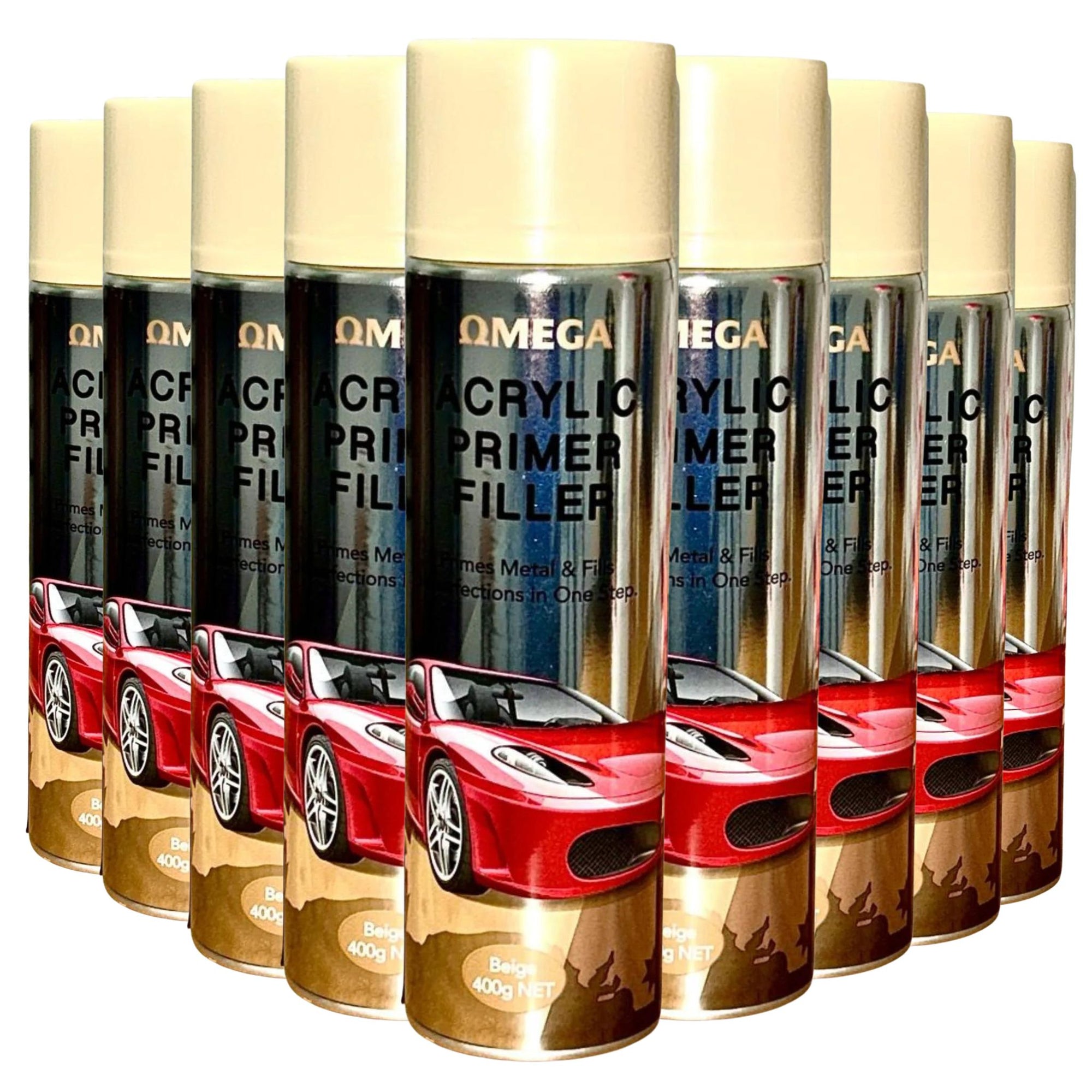 (12 CANS) Omega Acrylic Primer Filler - Beige 400g - South East Clearance Centre