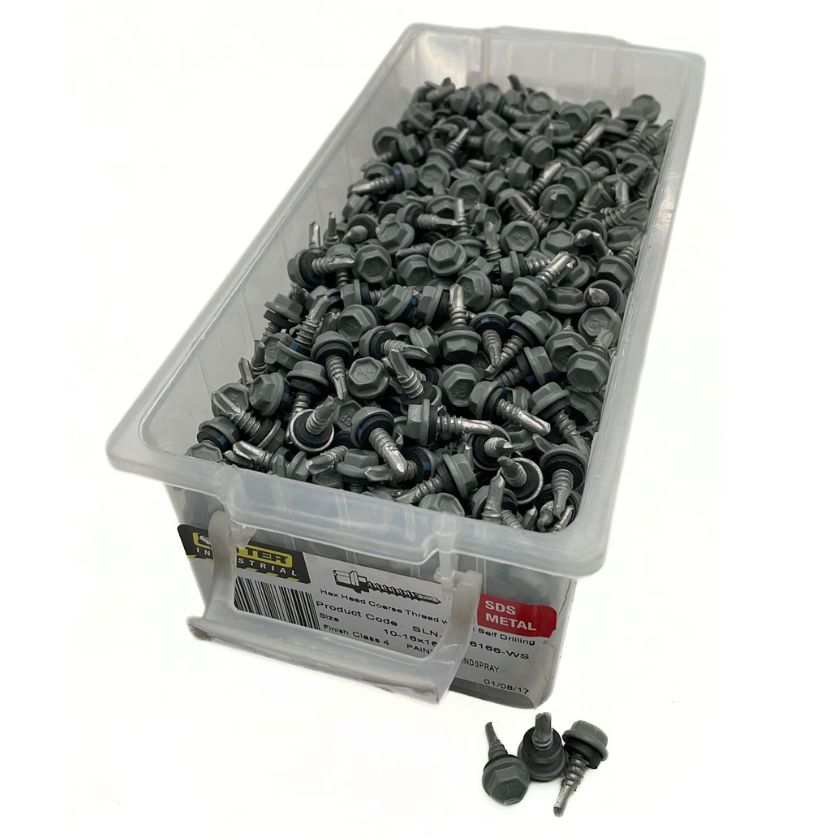Otter 10-16 x 16mm Hex Head SDS Metal Screws with Seal Coarse Thread, Colorbond Class 4, Tub - 1000 Pack (WINDSPRAY) - South East Clearance Centre