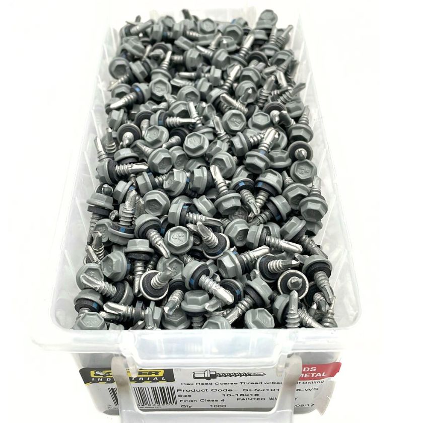 Otter 10-16 x 16mm Hex Head SDS Metal Screws with Seal Coarse Thread, Colorbond Class 4, Tub - 1000 Pack (WINDSPRAY) - South East Clearance Centre