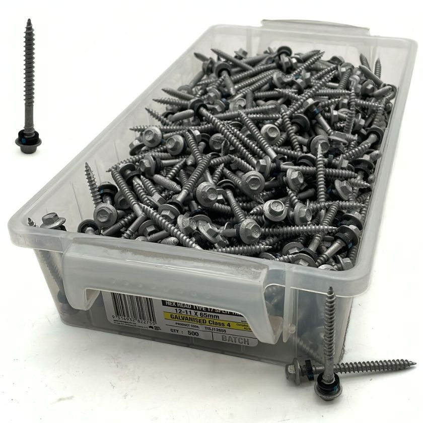 Otter 12-11 x 65mm Hex Head Type 17 Timber Screws with Seal | Class 4 Galvanised | 500 Pack