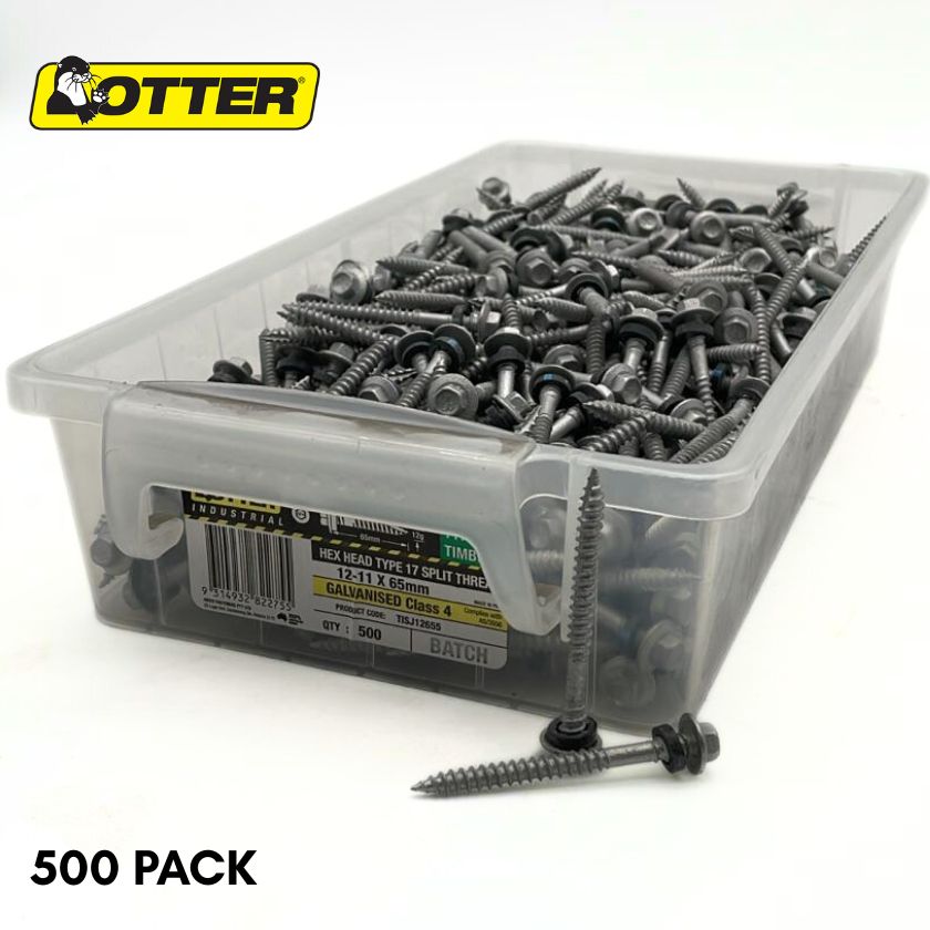 Otter 12-11 x 65mm Hex Head Type 17 Split Thread Timber Screws – Galvanised Class 4 (500 Pack)