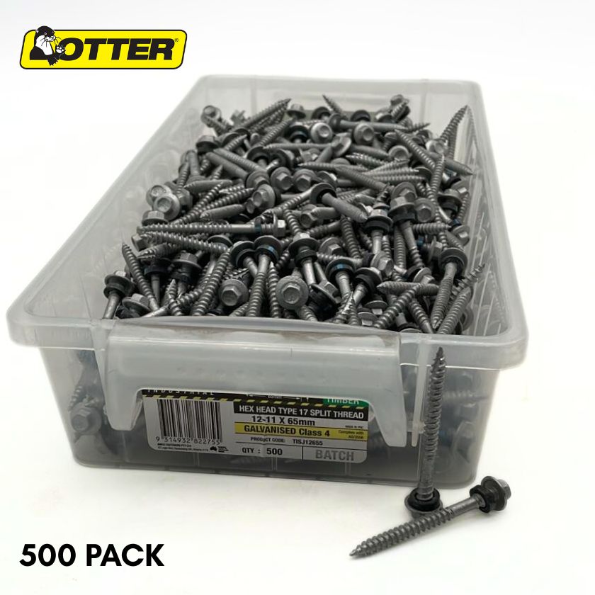Otter 12-11 x 65mm Hex Head Type 17 Split Thread Timber Screws – Galvanised Class 4 (500 Pack)