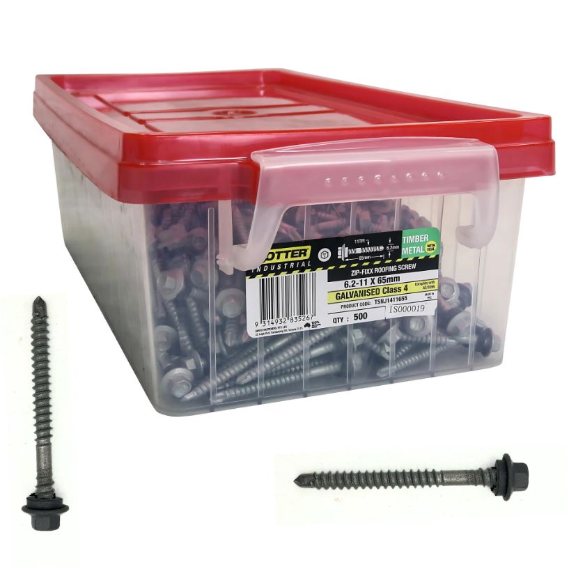 Otter Zip Fixx Roofing Screws, Colorbond Class 4, Timber & Metal, 6.2-11 x 65mm (Tub 500 Pack) - WALLABY - South East Clearance Centre