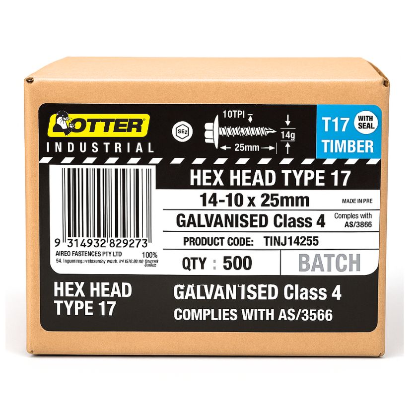 Otter Type 17 Hex Head Timber Screws 14-10 x 25mm | Galvanised Class 4 – 500 Pack - South East Clearance Centre
