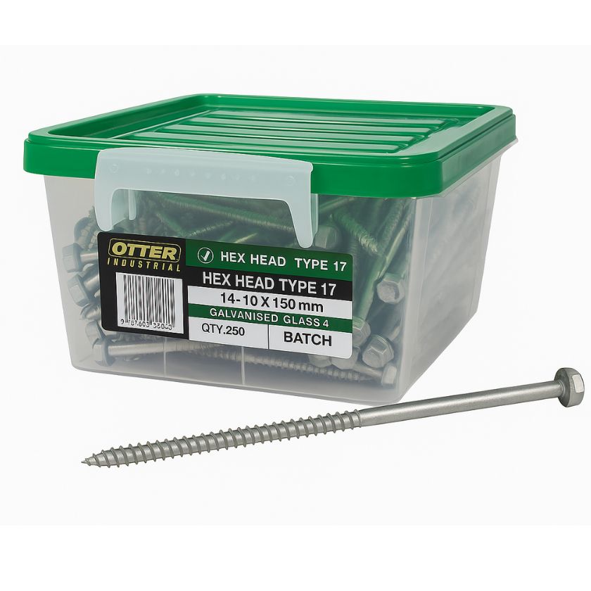Otter 14-10 x 150mm Class 4 Galvanised Hex Head Type 17 Timber Screws (250 Pack) – Heavy Duty - South East Clearance Centre