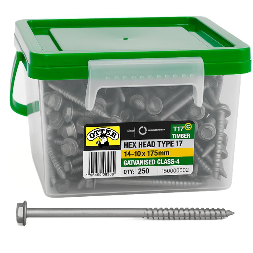Otter Industrial Hex Head Type 17 Timber Screws 14-10 x 175mm | Class 4 Galvanised | 250 Pack - South East Clearance Centre