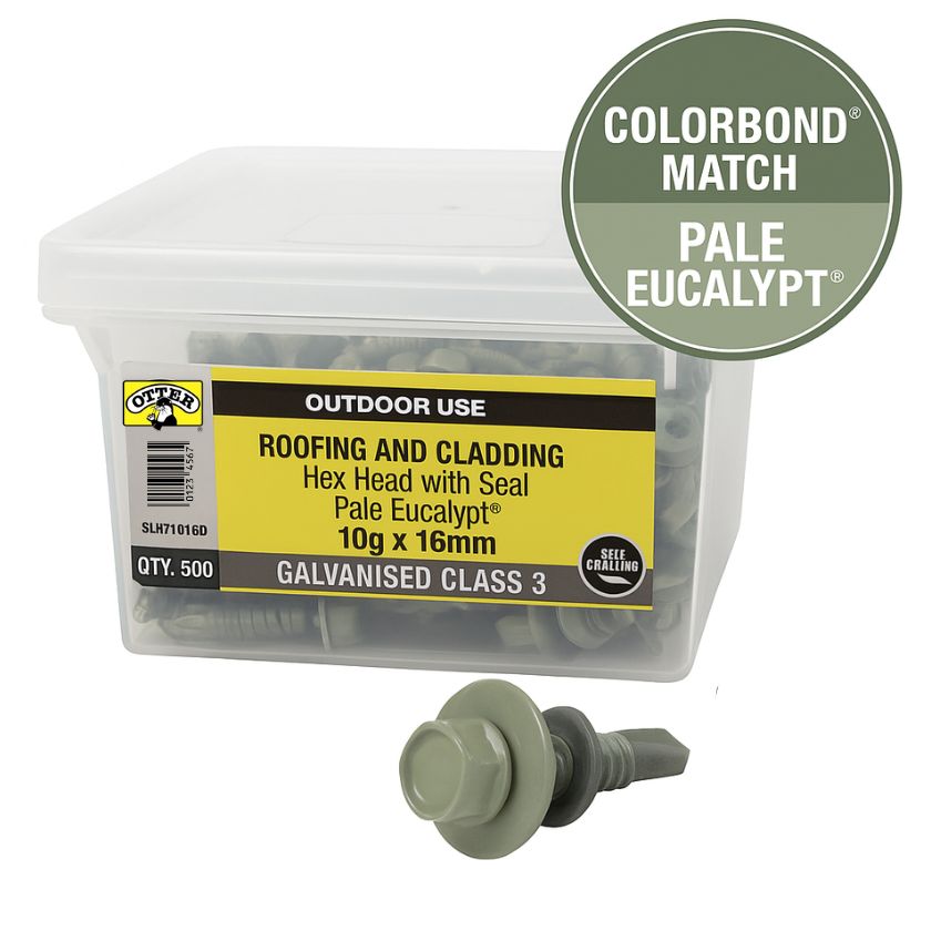 Otter Roofing Screws 10g x 16mm – Pale Eucalypt® Hex Head with Seal – Class 3 – 500 Pack - South East Clearance Centre