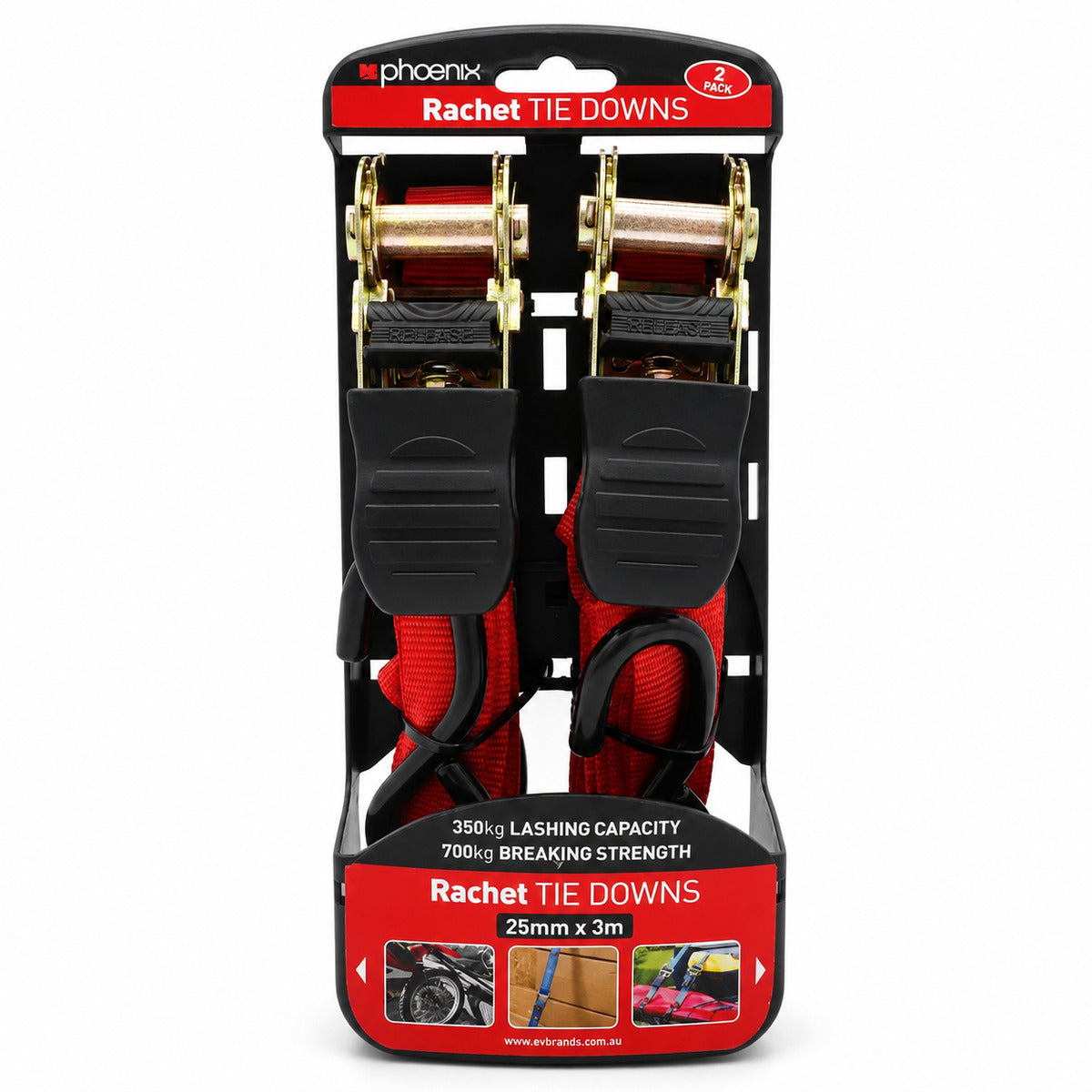 Phoenix Ratchet Tie Down Straps 25mm x 3m – 350kg Lashing Capacity – 2 Pack | 14001