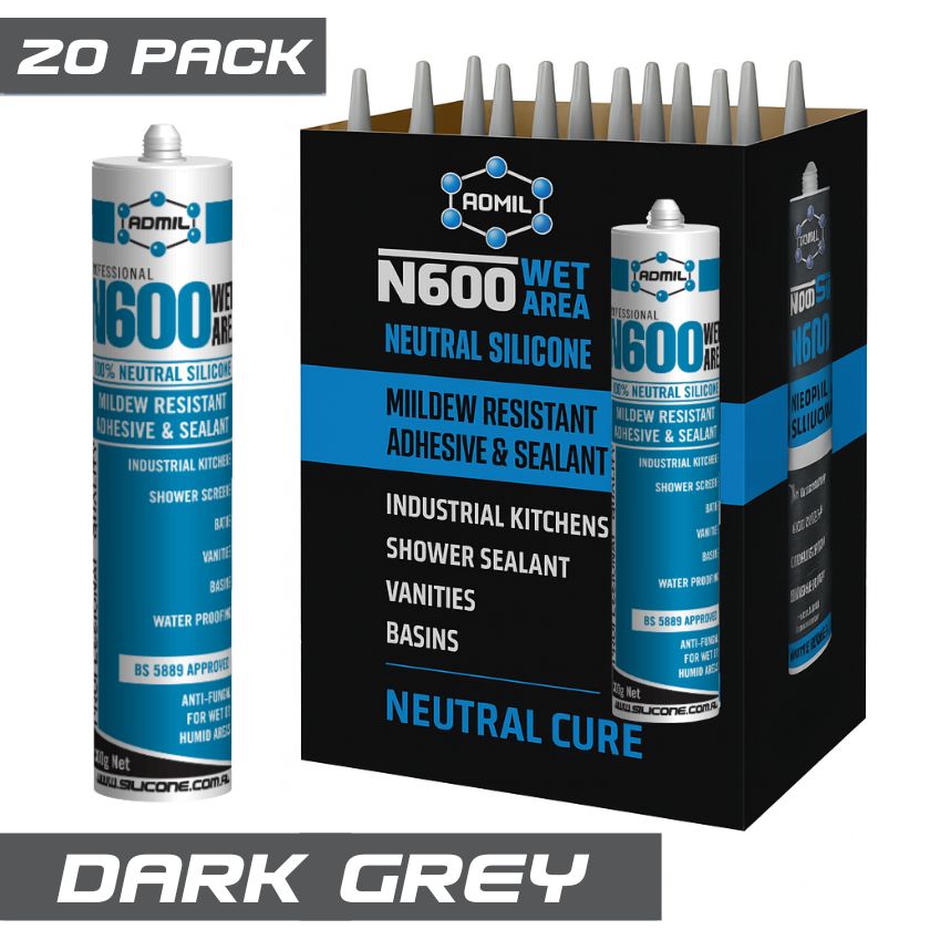 Admil Wet Area N600 - 100% Neutral Cure Silicone 300g - Box of 20 (Dark Grey) - South East Clearance Centre